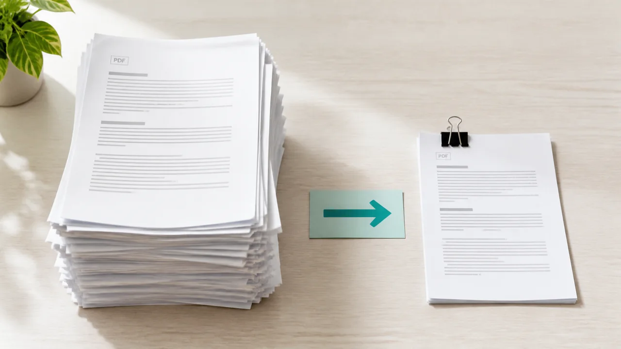 A thick stack of PDF pages reduced to a slim document packet