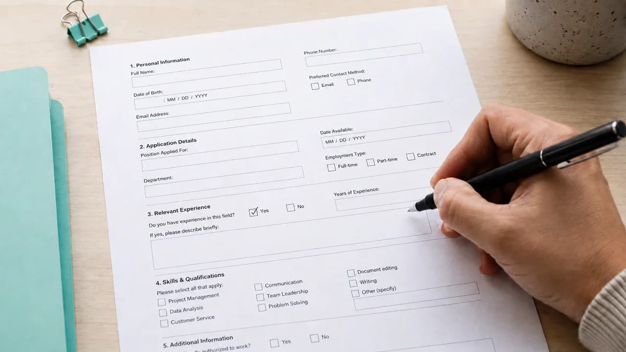 Hand completing fields and checkboxes on a generic PDF form