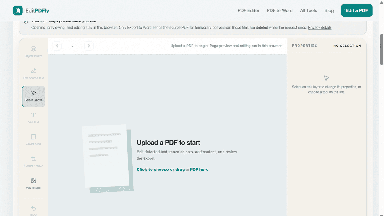 EditPDFly browser PDF editor with a PDF page open