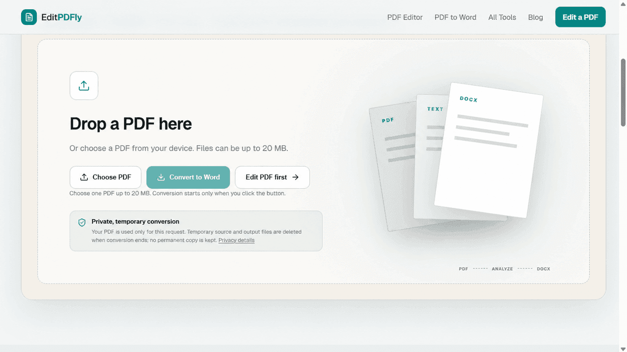 EditPDFly PDF to Word upload and conversion interface