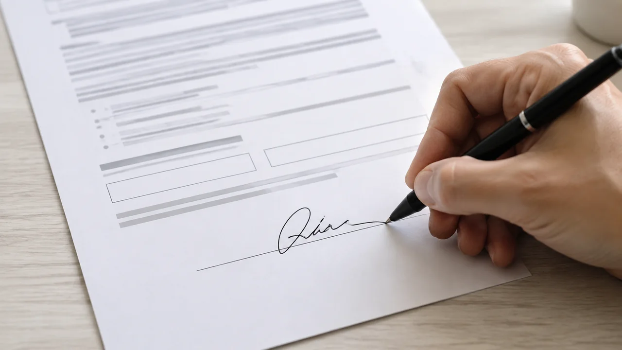 Hand signing the signature line on a generic PDF document